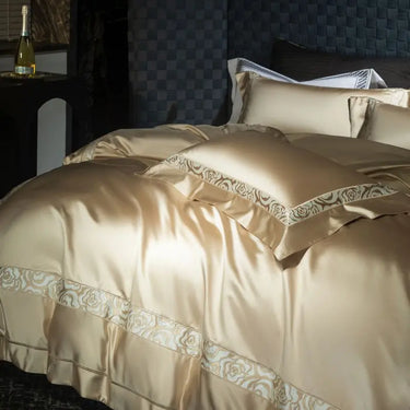 Gold Rose Luxury Embroidery Soft Silky Duvet Cover Egyptian Cotton 1000TC Bedding Set